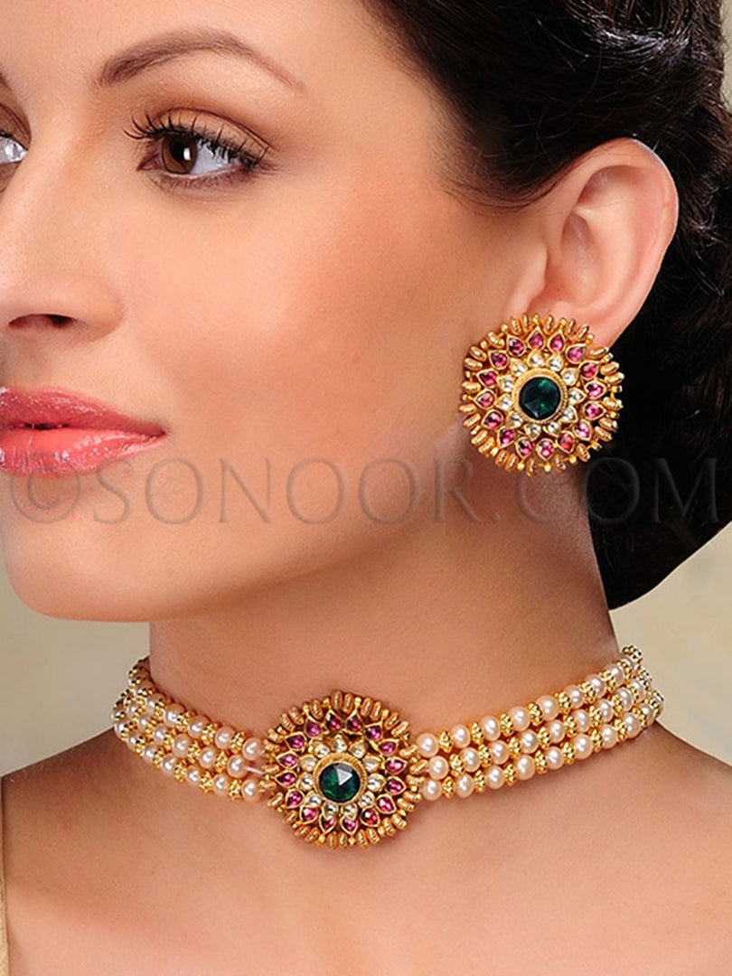 Karka Gold Plated Kundan Green Stone Choker Necklace Set