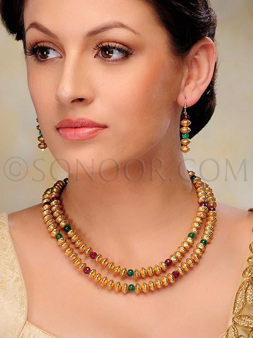 Mridu Gold Plated Red Green Stone Mala Necklace Set