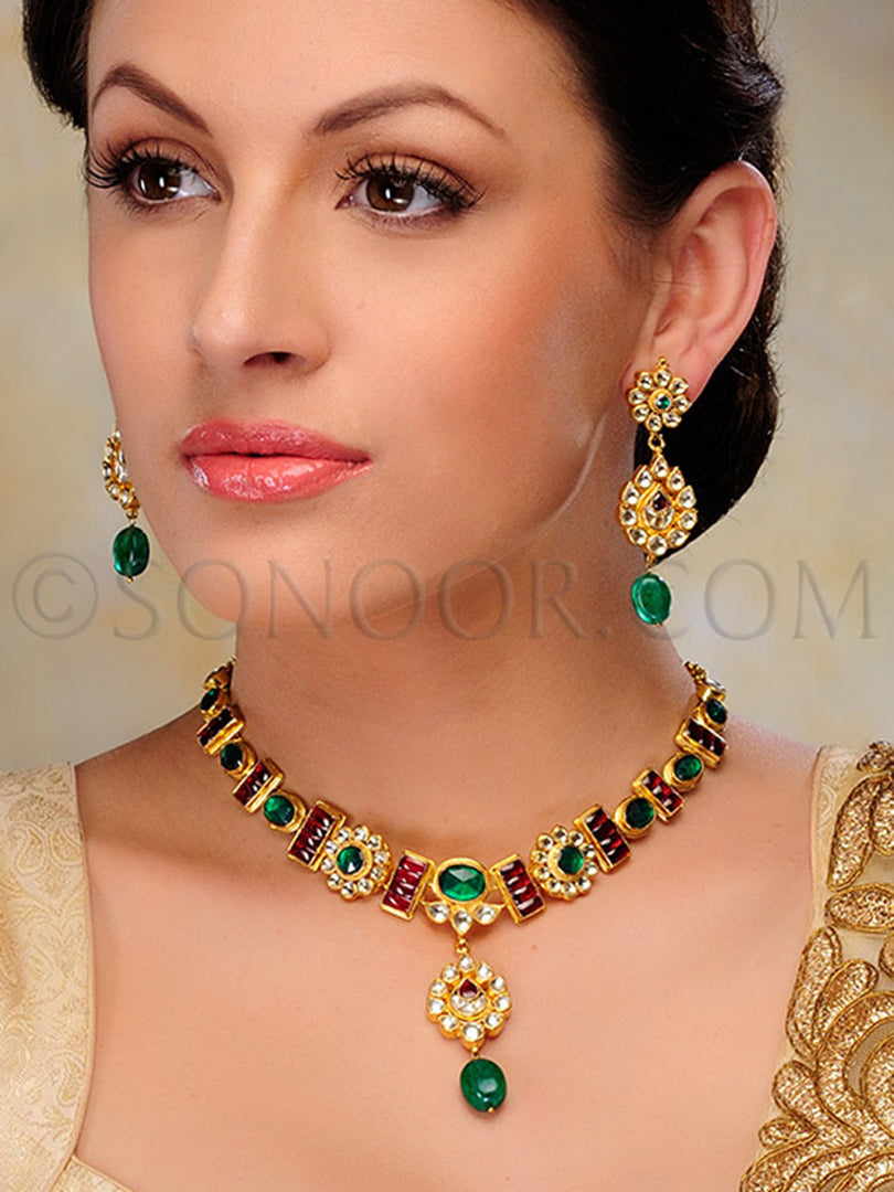 Kanti Gold Finish Kundan Green Stone Necklace Set