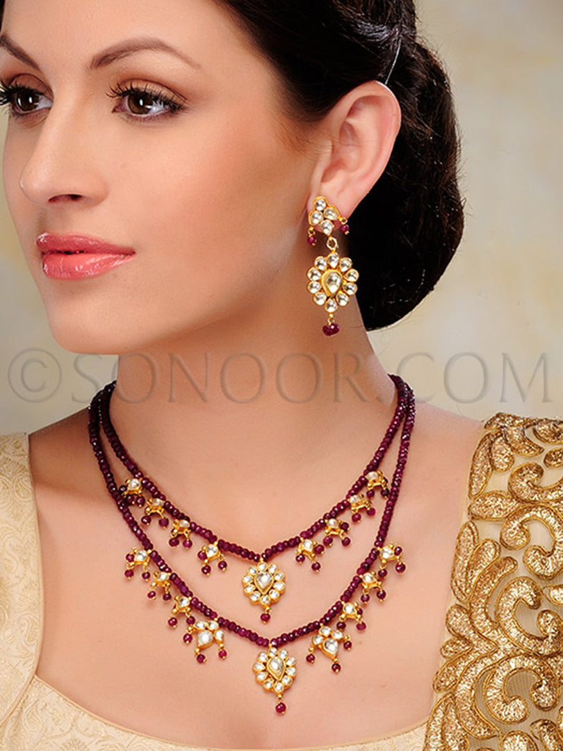Mali Gold Finish Kundan Ruby Beads Necklace Set