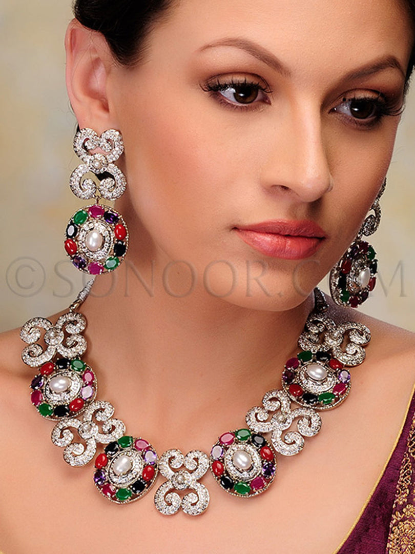Patul Cubic Zirconia Designer Multi Stone Necklace Set