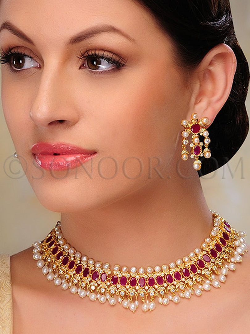 Vanhi Gold Plated Ruby Cubic Zirconia Necklace Set