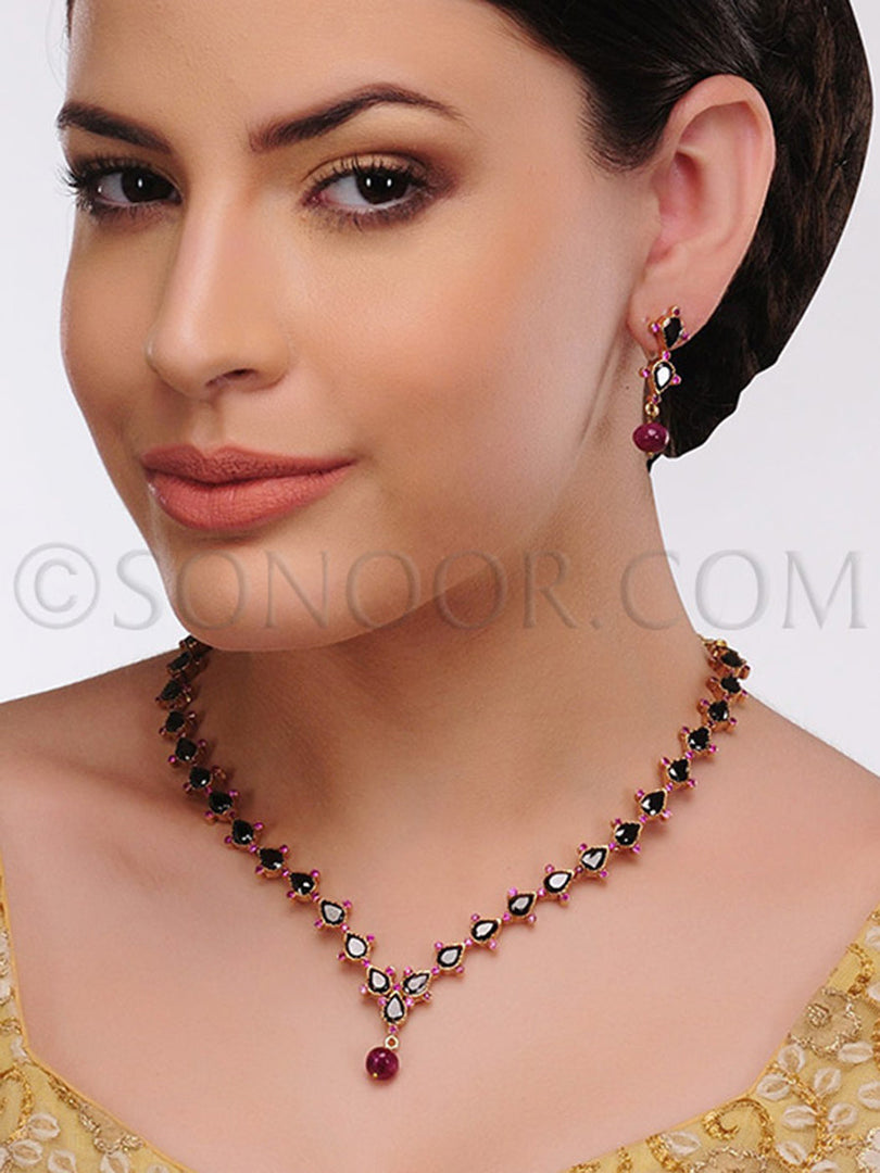 Jasum Gold Plated Black Stone Necklace Set