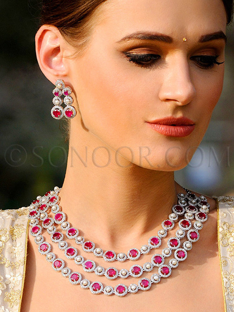 Sajni Victorian Pearl & Red Stone Necklace Set
