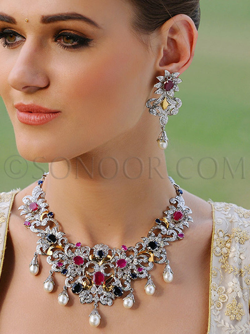 Aurvi Cubic Zirconia Pearl Handcrafted Necklace Set