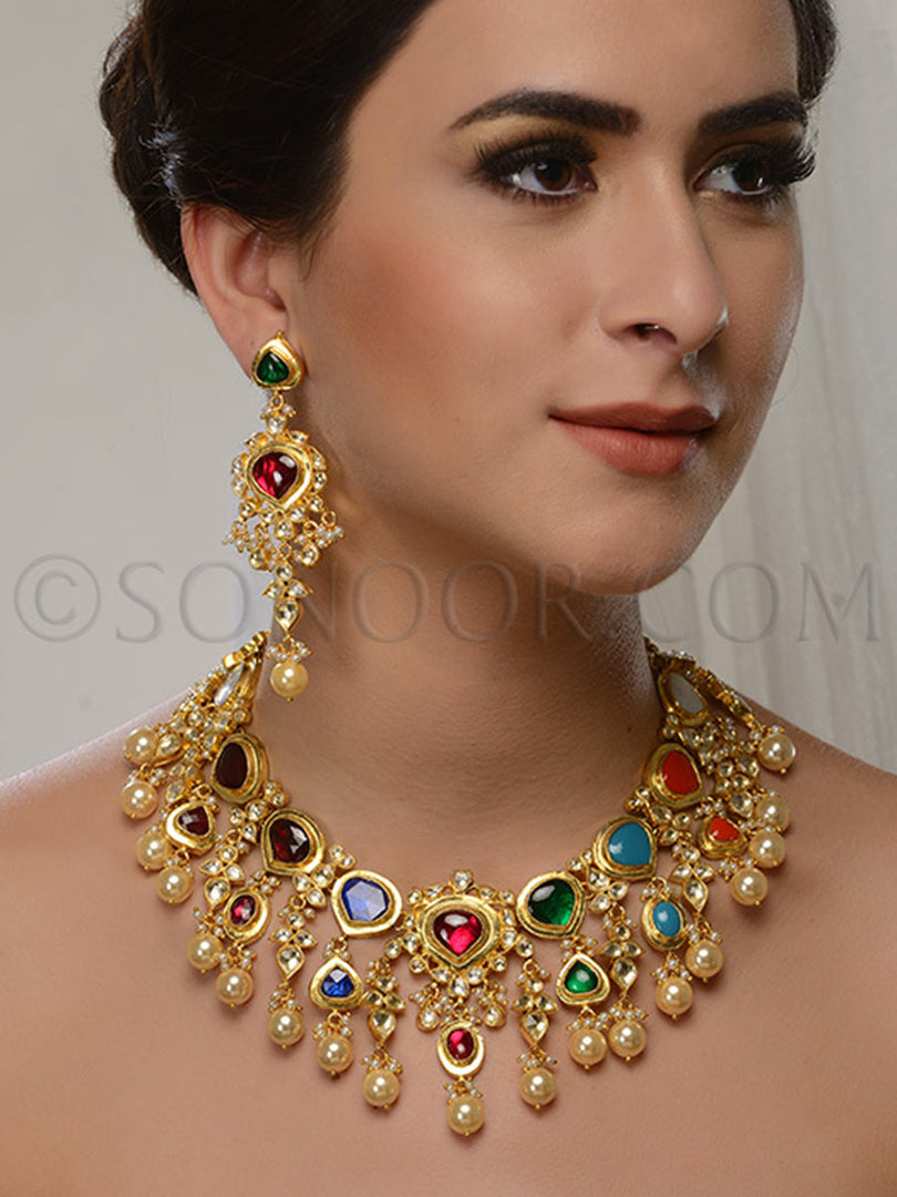 Malati Navratan Pearl Drop Necklace Set