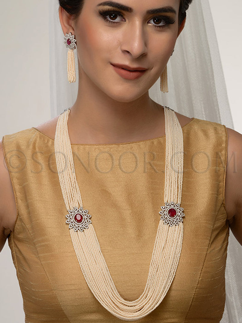 Ishta Cubic Zirconia Long Pearl Necklace Set