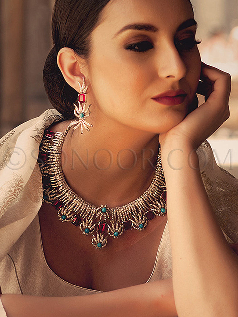 Nibina Silver Finish Designer Necklace Set