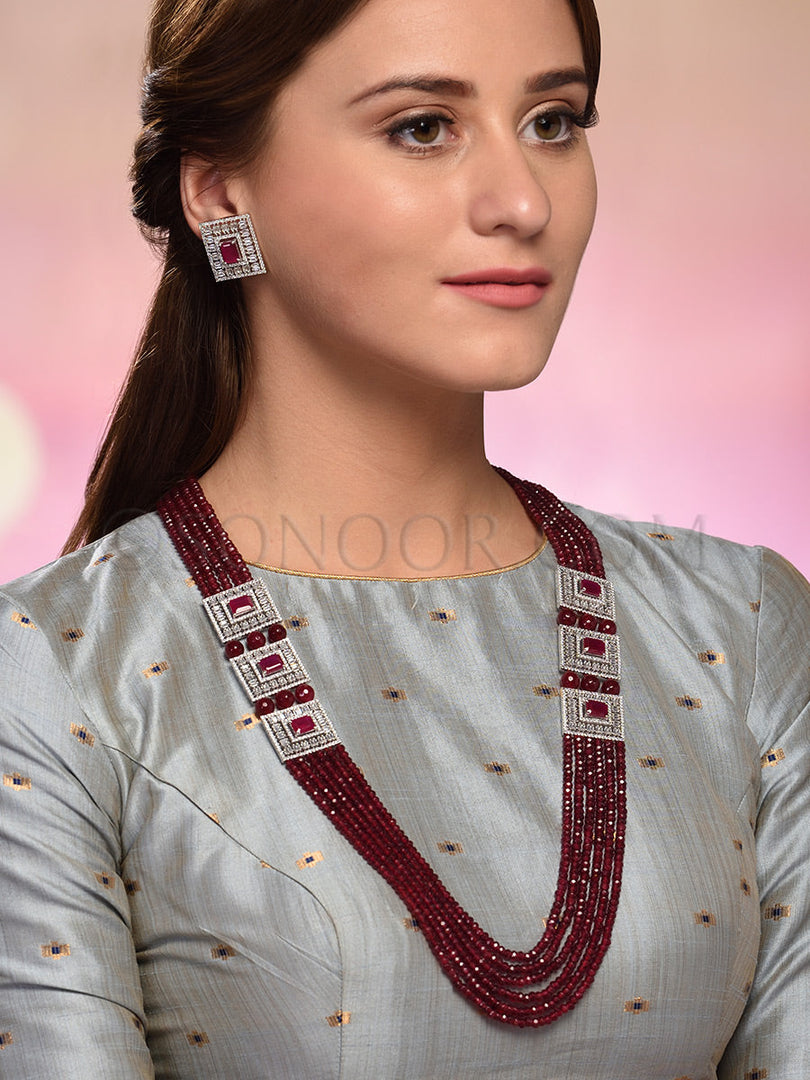 Anumegha Red String Cubic Zirconia Long Necklace Set