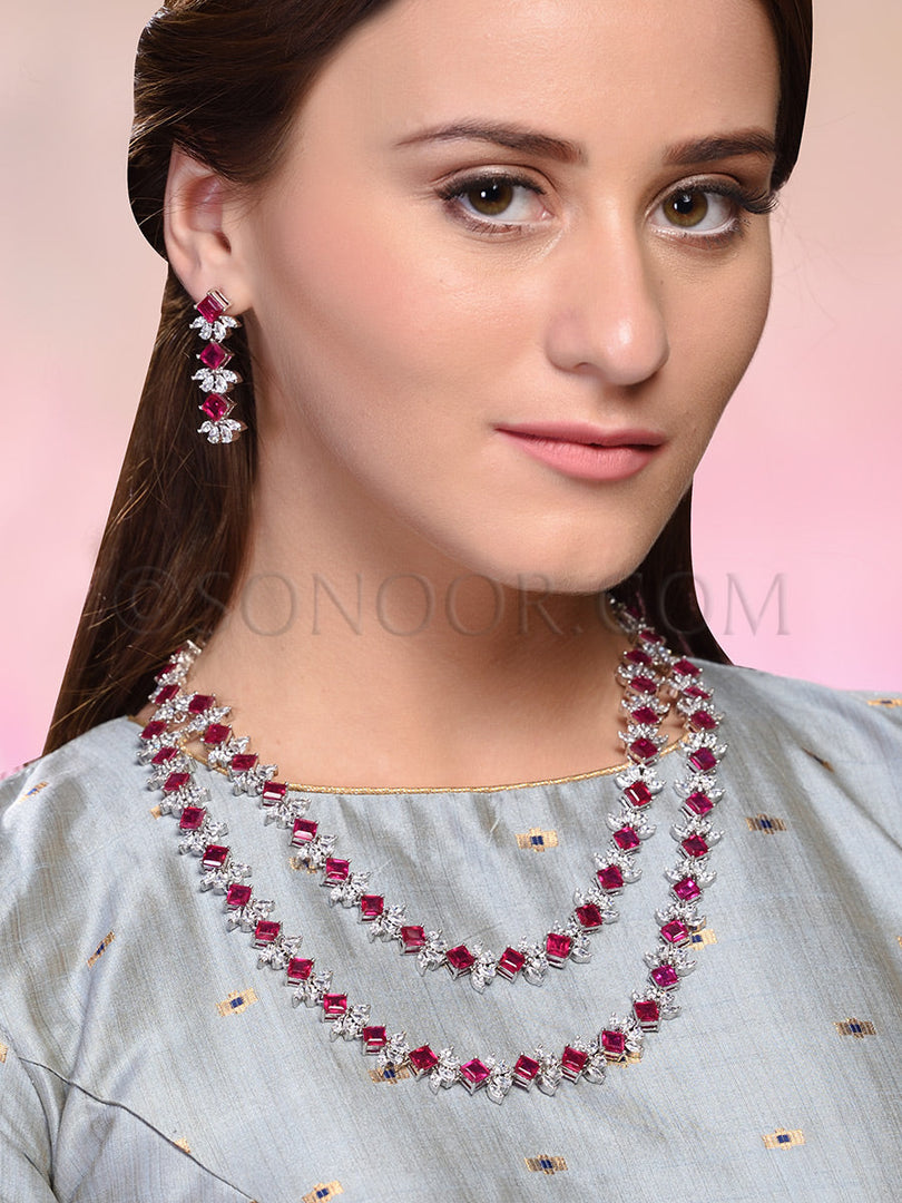 Kinju Long Red Cubic Zirconia Necklace Set