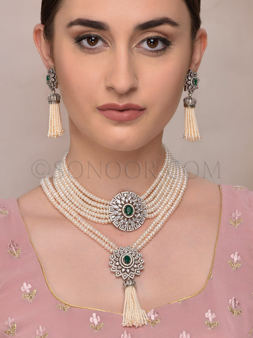Zivah Cubic Zirconia Pearl Combo Choker Set