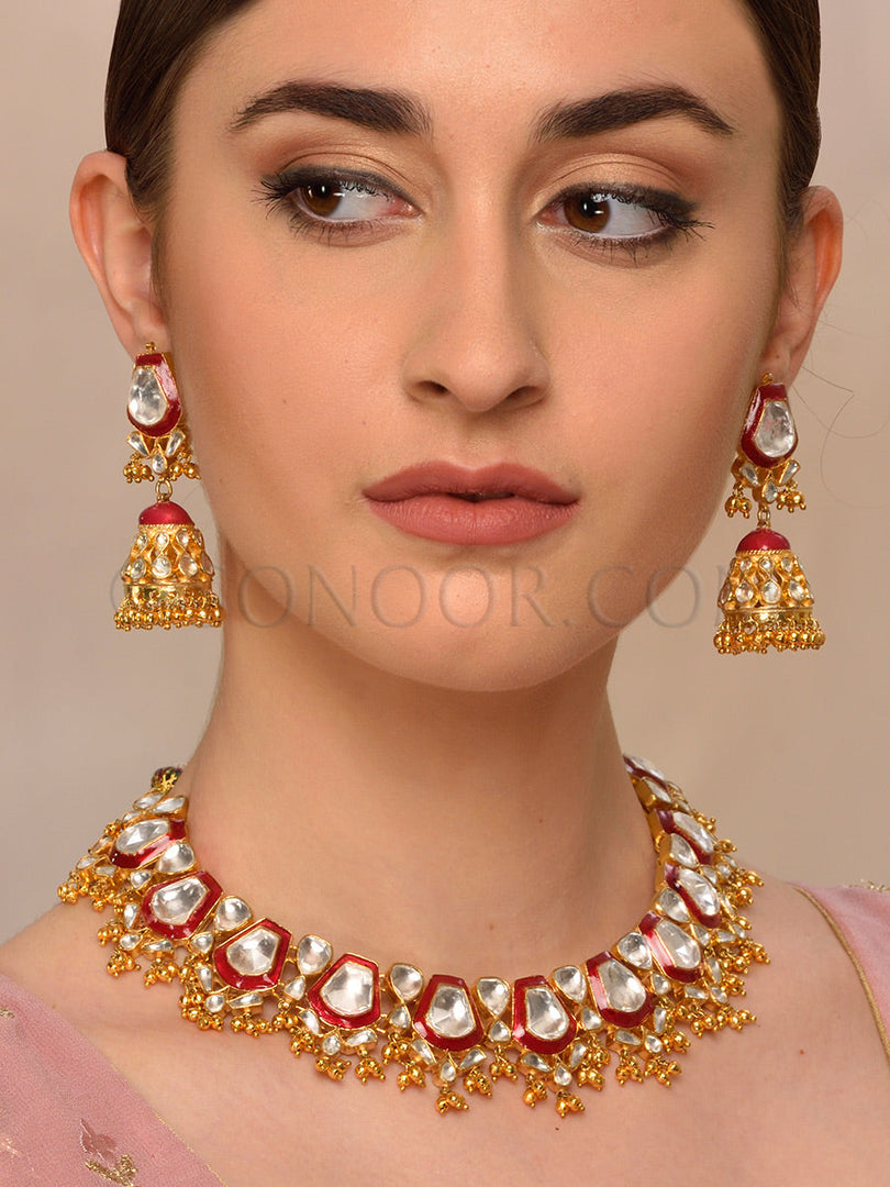 Virkni Kundan Red Meena Kari Necklace Set