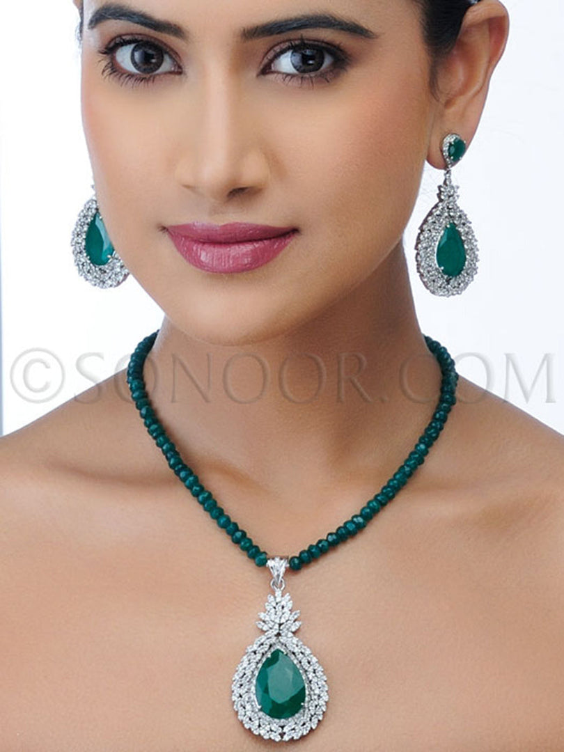 Sushmita White Cubic Zirconia Green Onyx Pendant Set