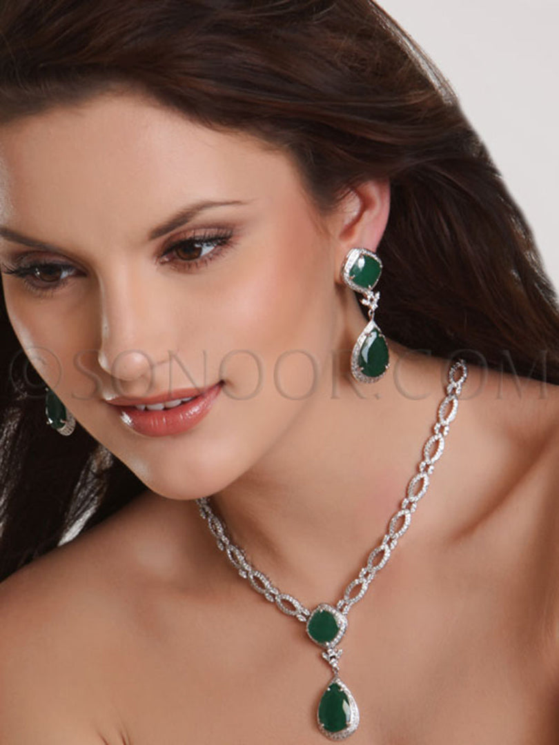 Pranavi Cubic Zirconia Green Jade Pendant Set