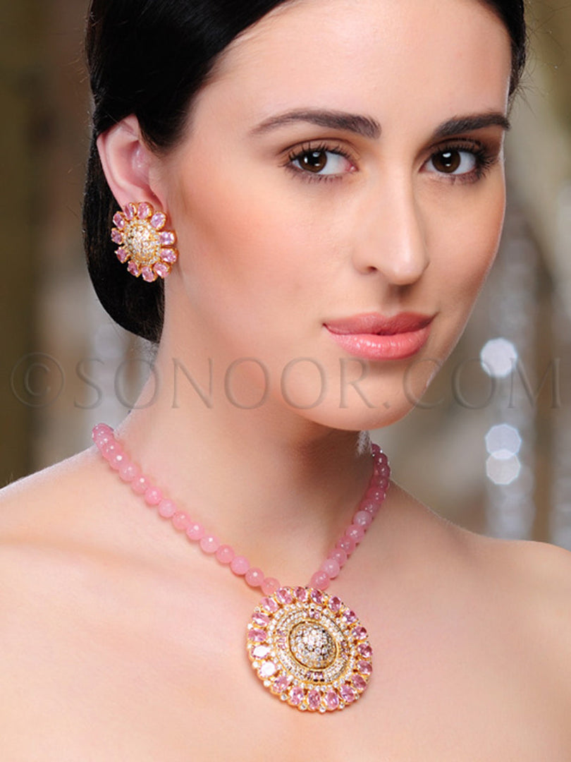 Keshi Cubic Zirconia Rosen Quartz Pendant Set