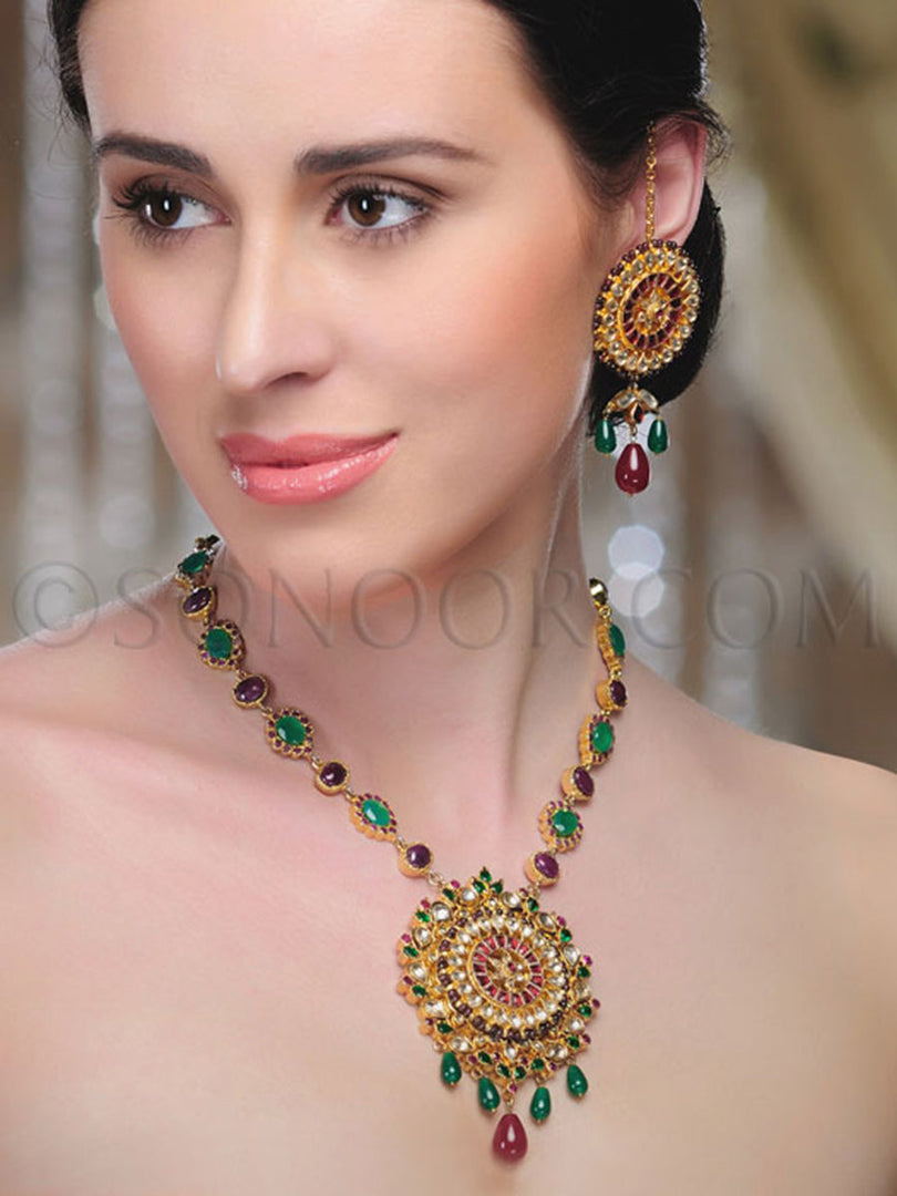 Tama Gold Plated Ruby Emerald Pendant Set