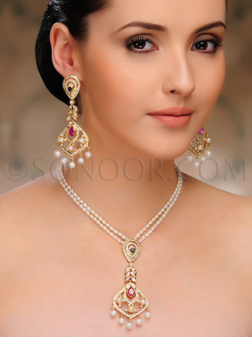 Anama Jade Cubic Zirconia Pearl String Pendant Set