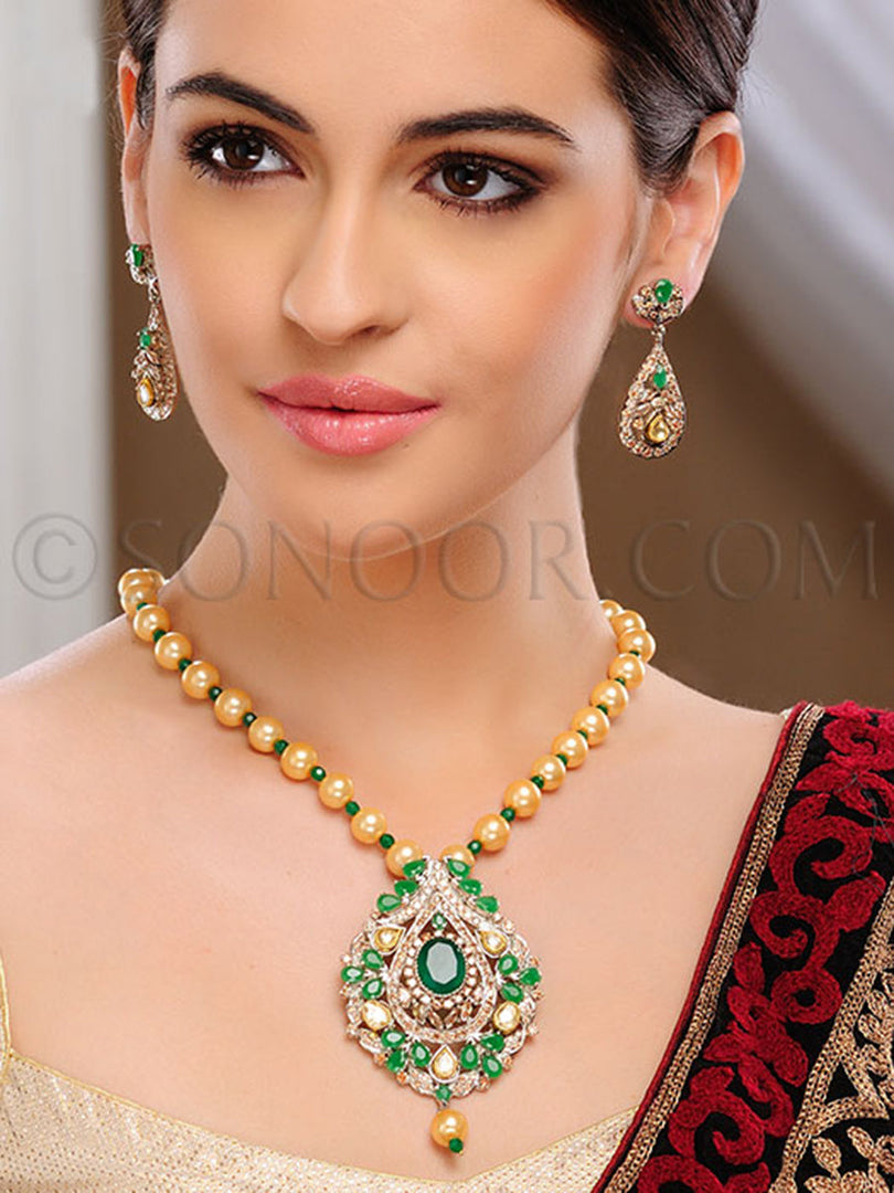 Netri Cubic Zirconia Kundan Jade Pendant Set