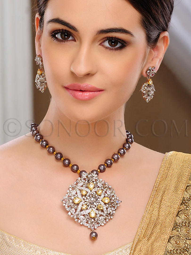 Eshina Kundan Cubic Zirconia Polki Pendant Set