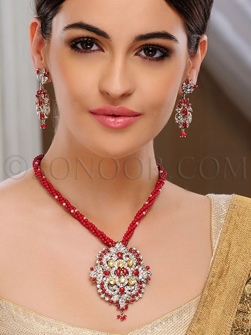 Ihita Victorian Cubic Zirconia Coral Pendant Set