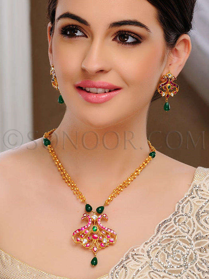 Nihu Gold Chain Red Green Jade Pendant Set