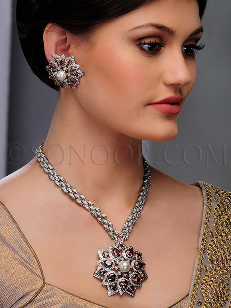 Hoore Rhodium Finish Cubic Zirconia Rhodonite Pendant Set