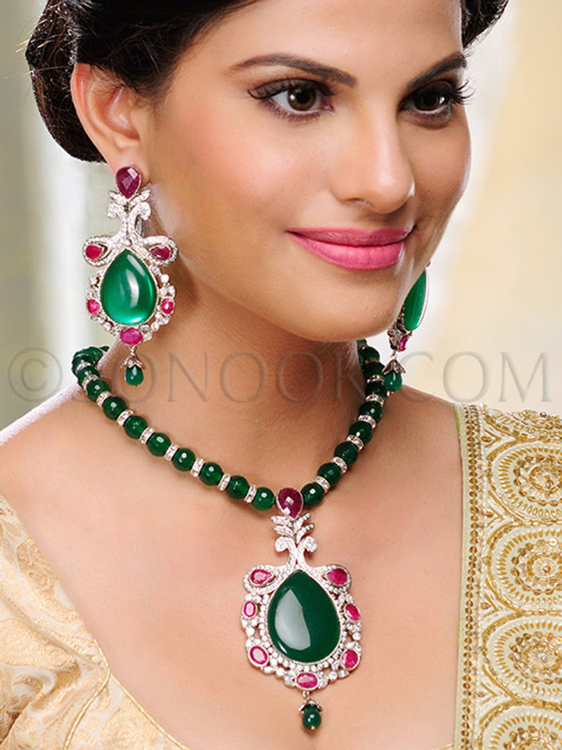 Paroo Cubic Zirconia Ruby Green Stone Pendant Set