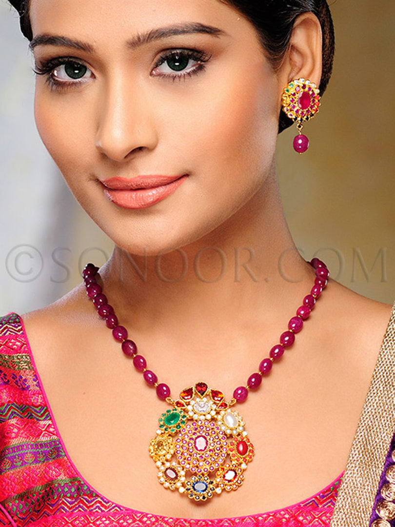 Rerita Gold Finish Navratan Pendant Set