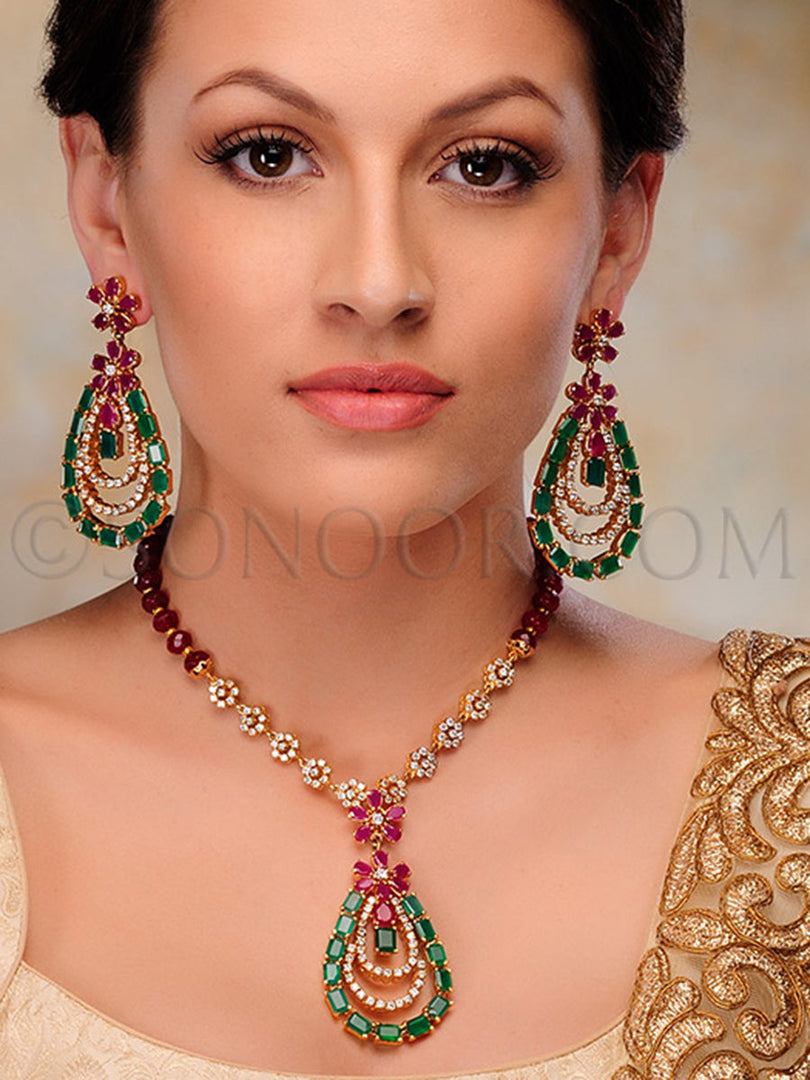 Vira Red Green Cubic Zirconia Pendant Set