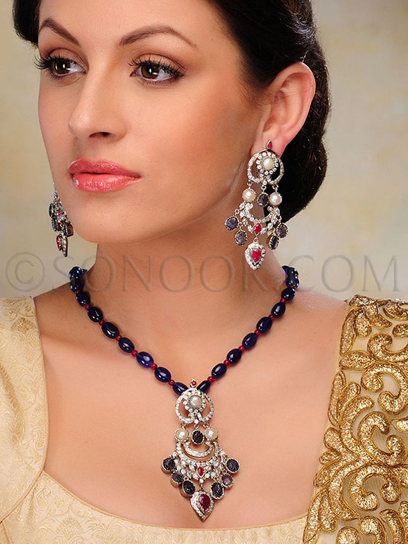 Vatsi Cubic Zirconia Blue String Pendant Set