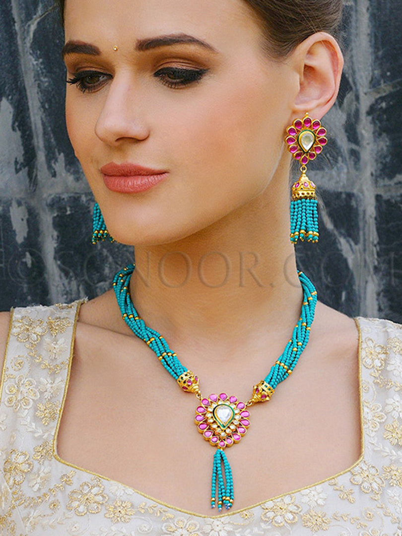 Hetvi Kundan Blue Stone String Pendant Set