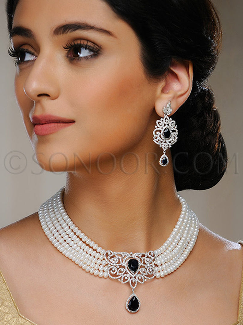 Abhya Cubic Zirconia Multi Pearl String Pendant Set