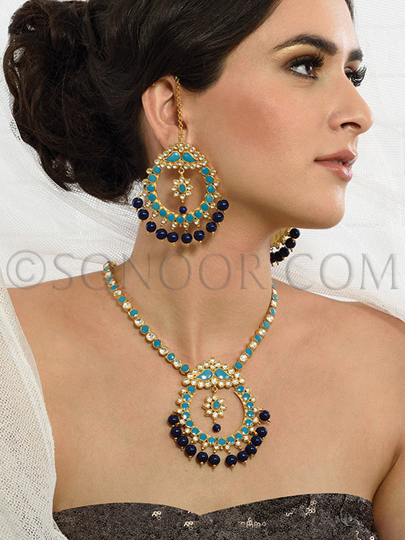 Naini Gold Plated Blue Stone Pendant Set