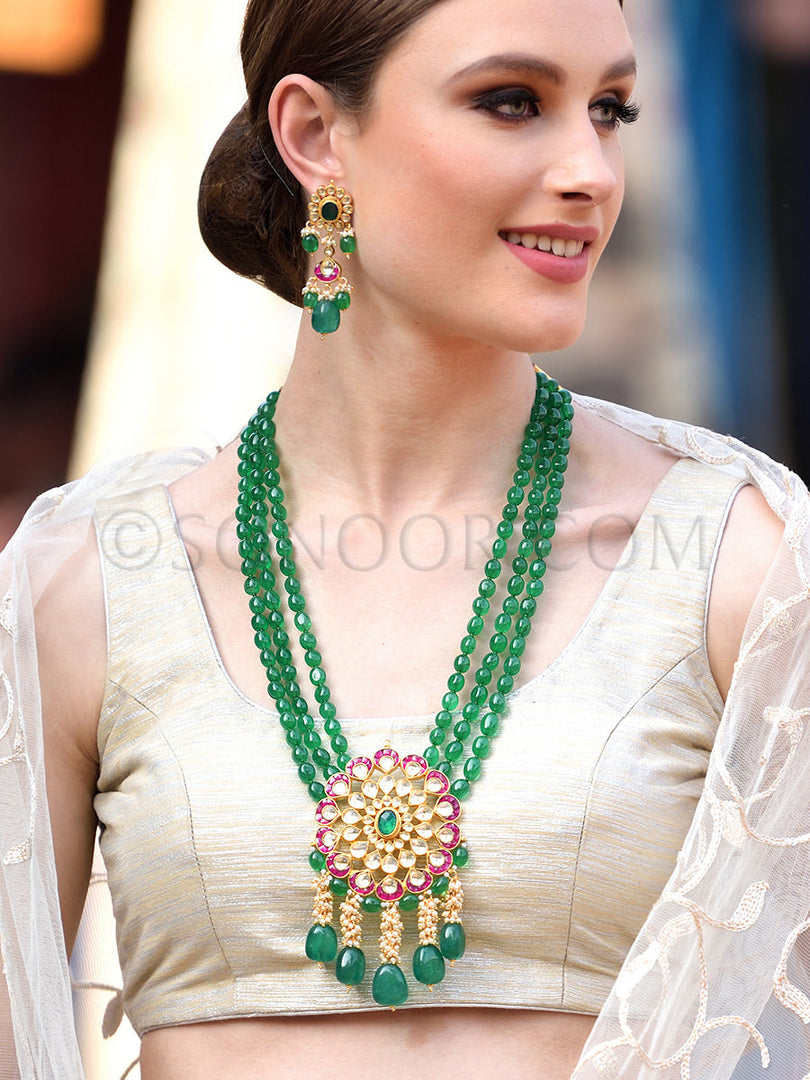 Chilcha Kundan Green Jade Long Pendant Set