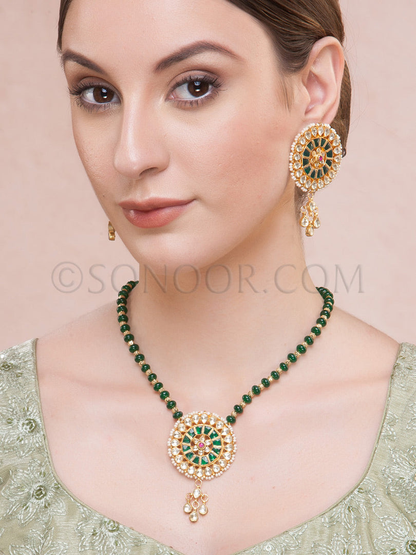 Dali Kundan Red Green Jade Pendant Set