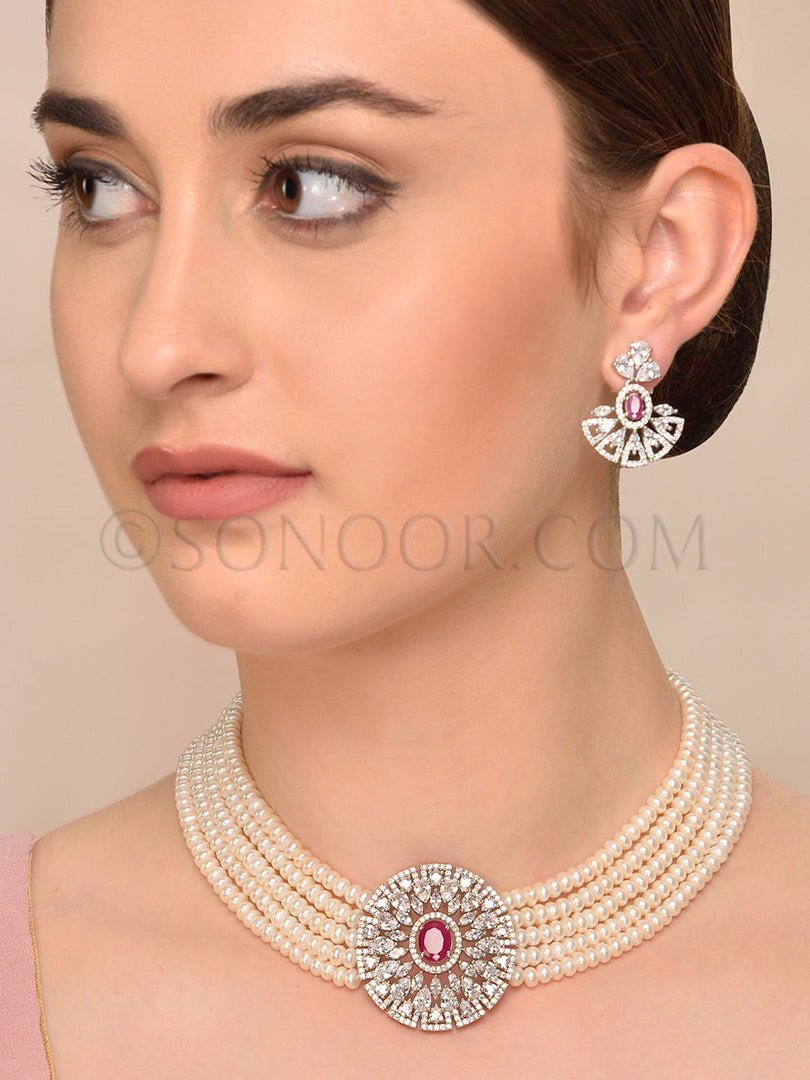 Jivika Cubic Zirconia Pearl String Pendant Set