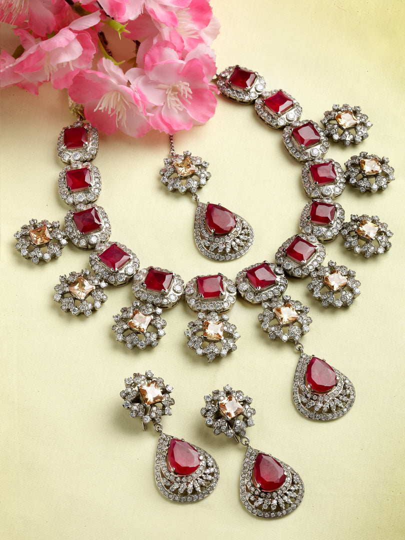 Drishya Victorian Cubic Zirconia Red Jade Necklace set