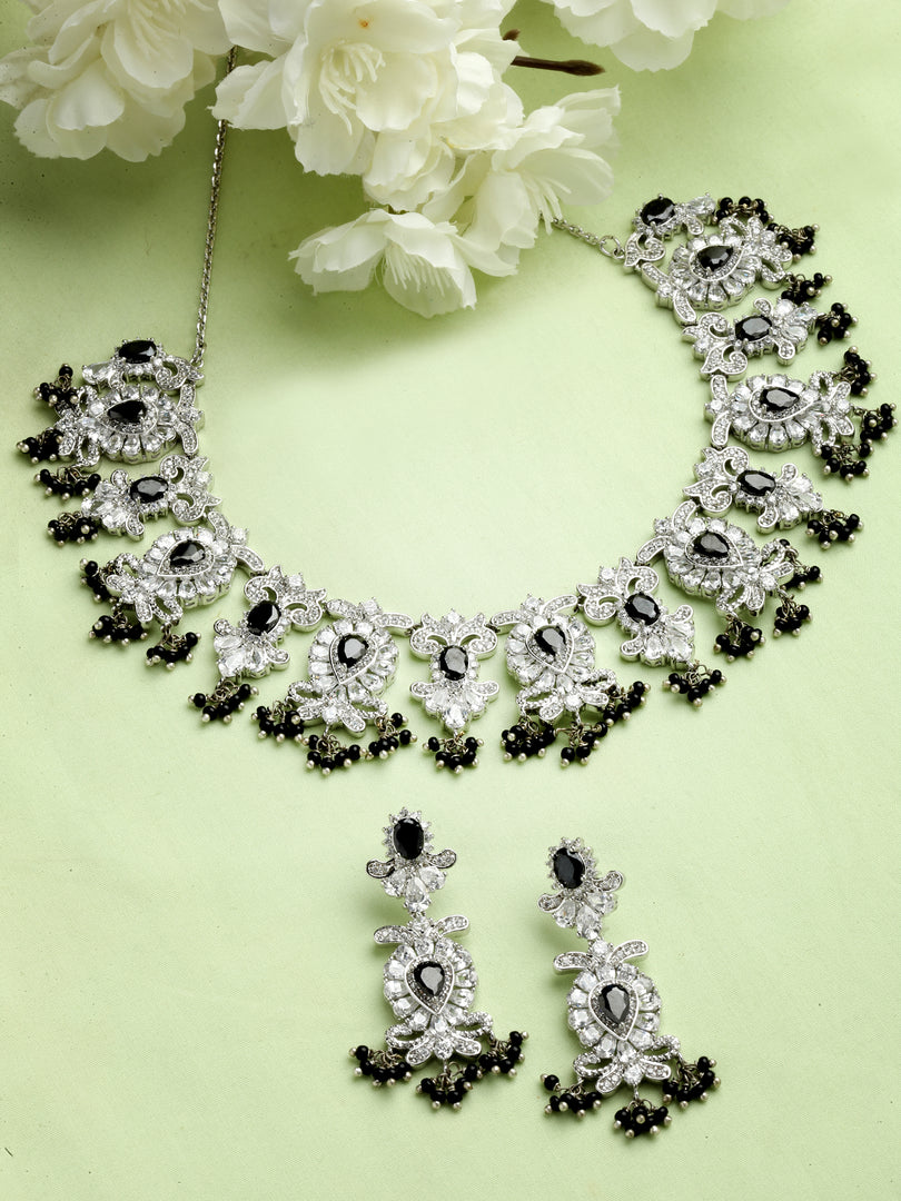 Rumita Silver Finish Cubic Zirconia Black Stone Necklace Set