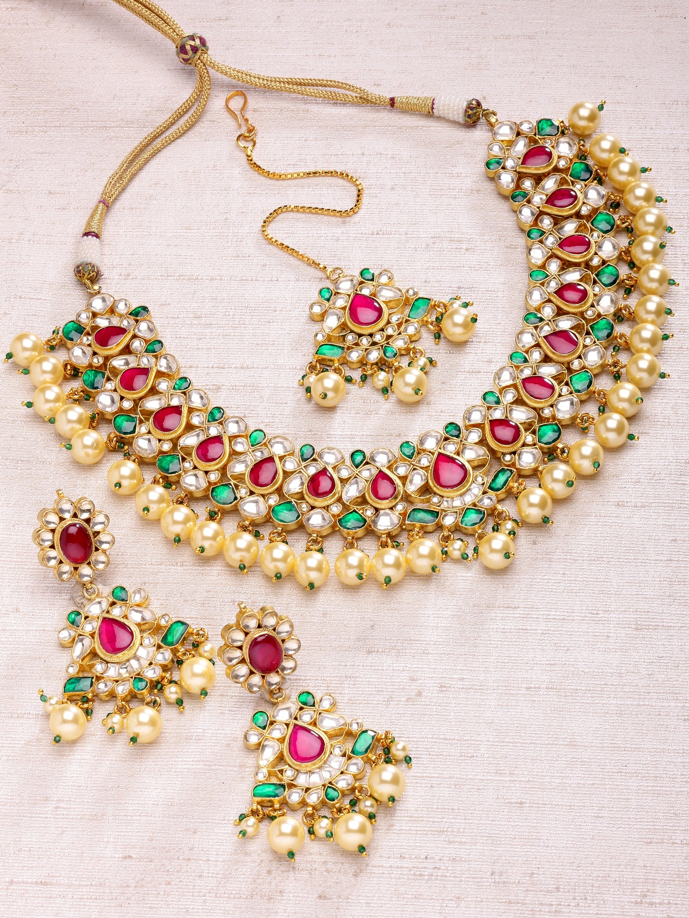 Vishti Red & Green Stones Necklace Set