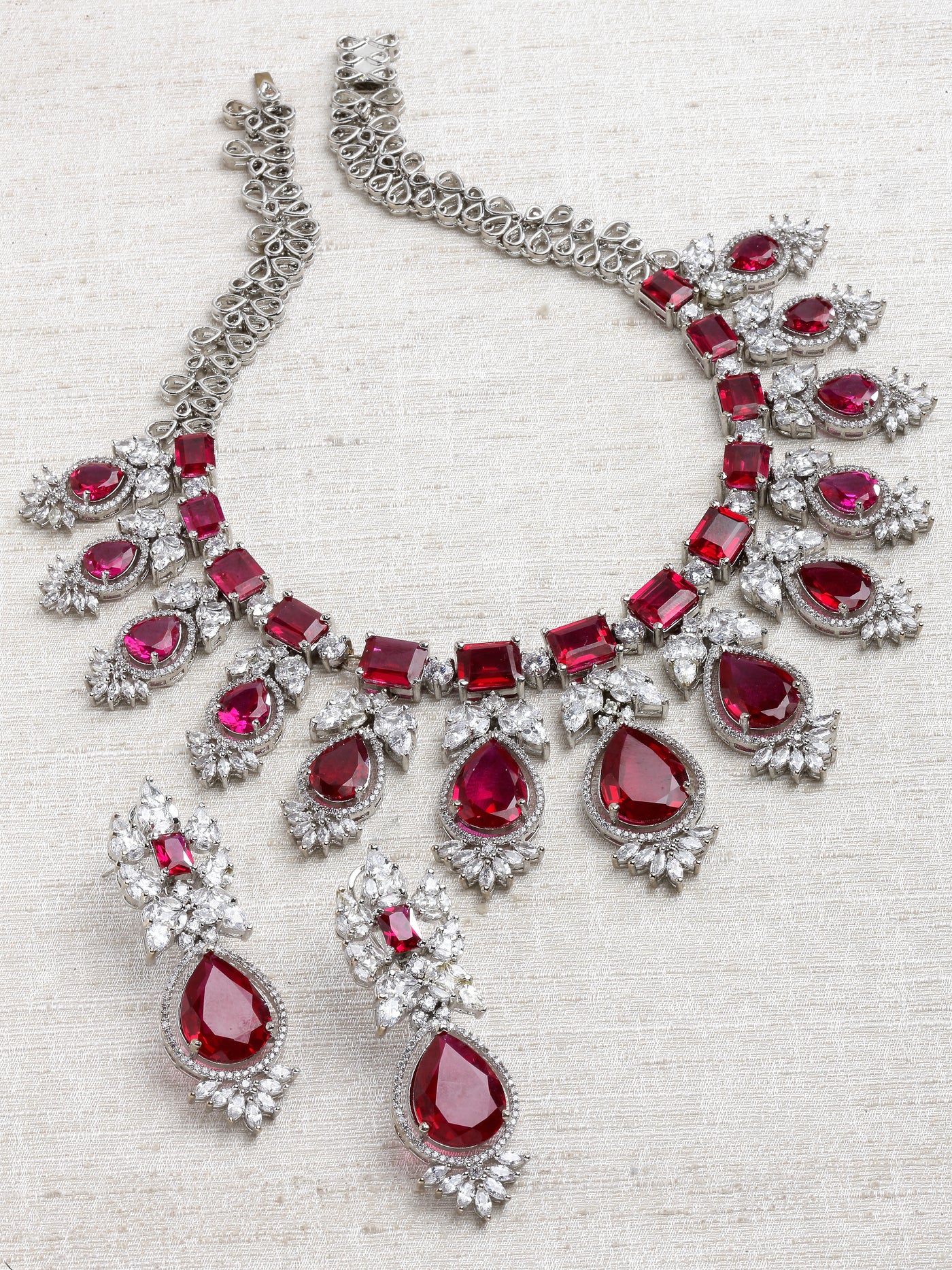 Goura Silver Finish Red Cubic Zirconia Necklace Set