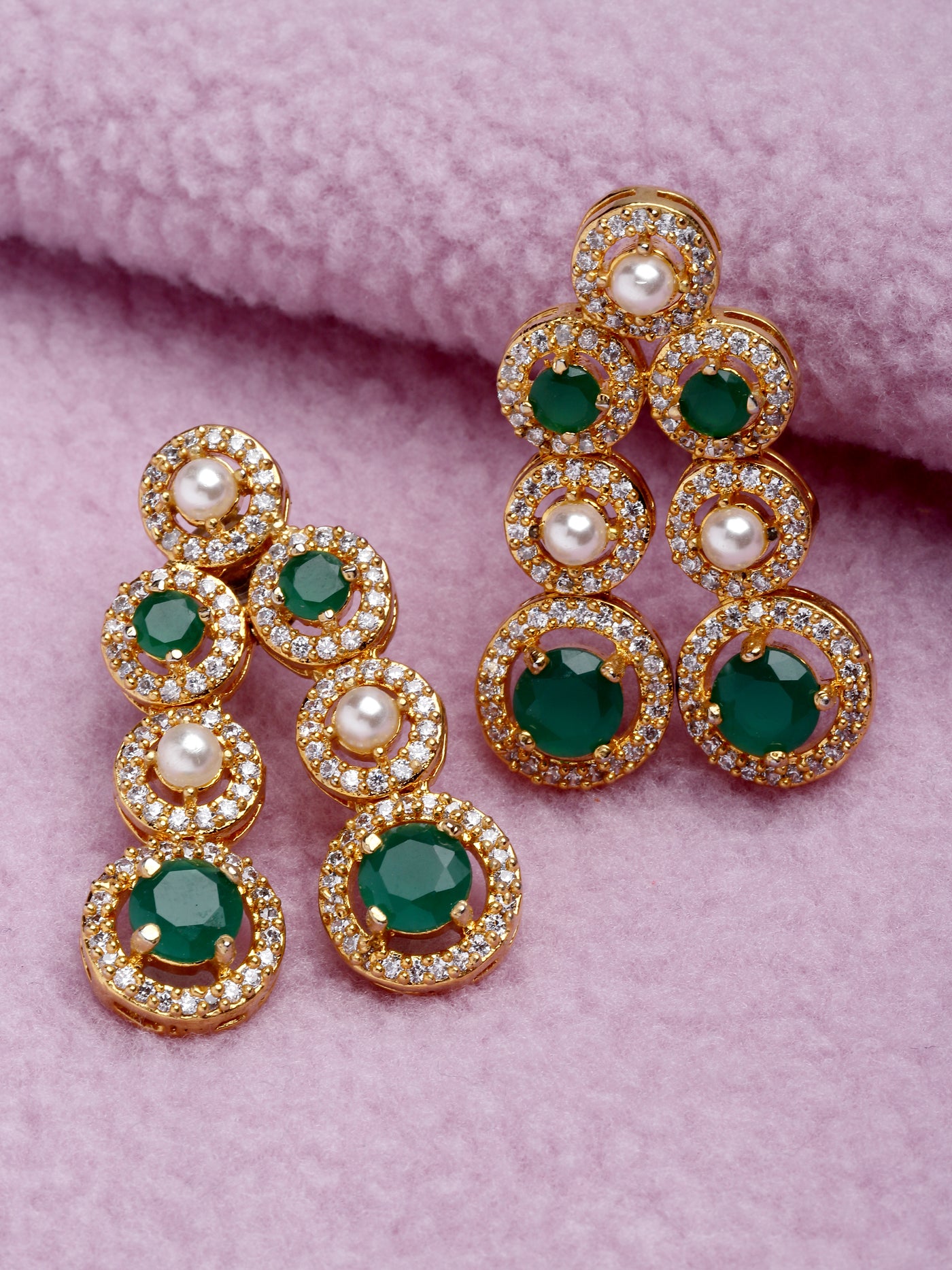 Cubic Zirconia Pearl Green Jade Earrings