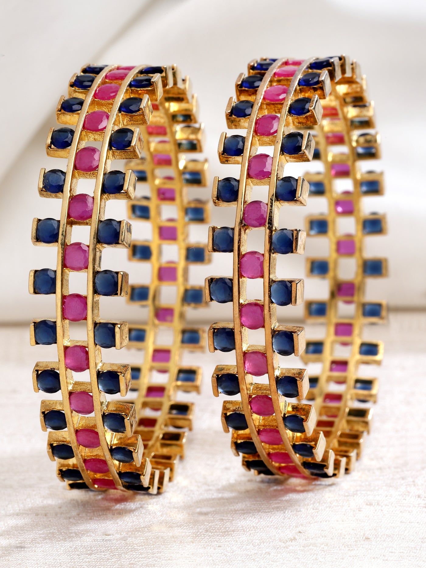 Gold Finish Blue Red Stone Pair Bangles