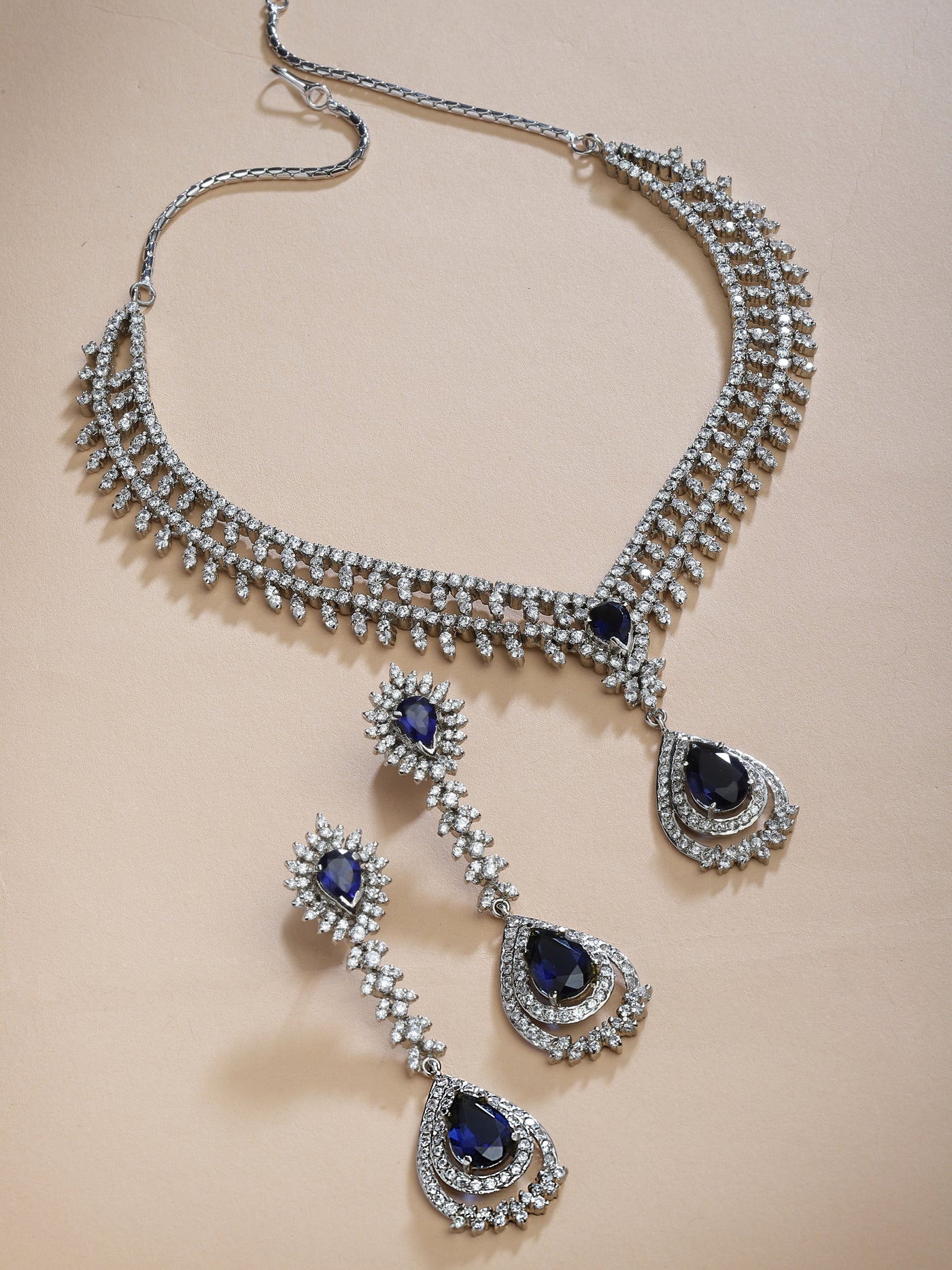 Vira Antique Silver Finish Cubic Zirconia Blue Stone Necklace Set