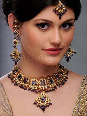 Ashia kundan ruby and iolite Necklace Set with Earrings and Maang Tika
