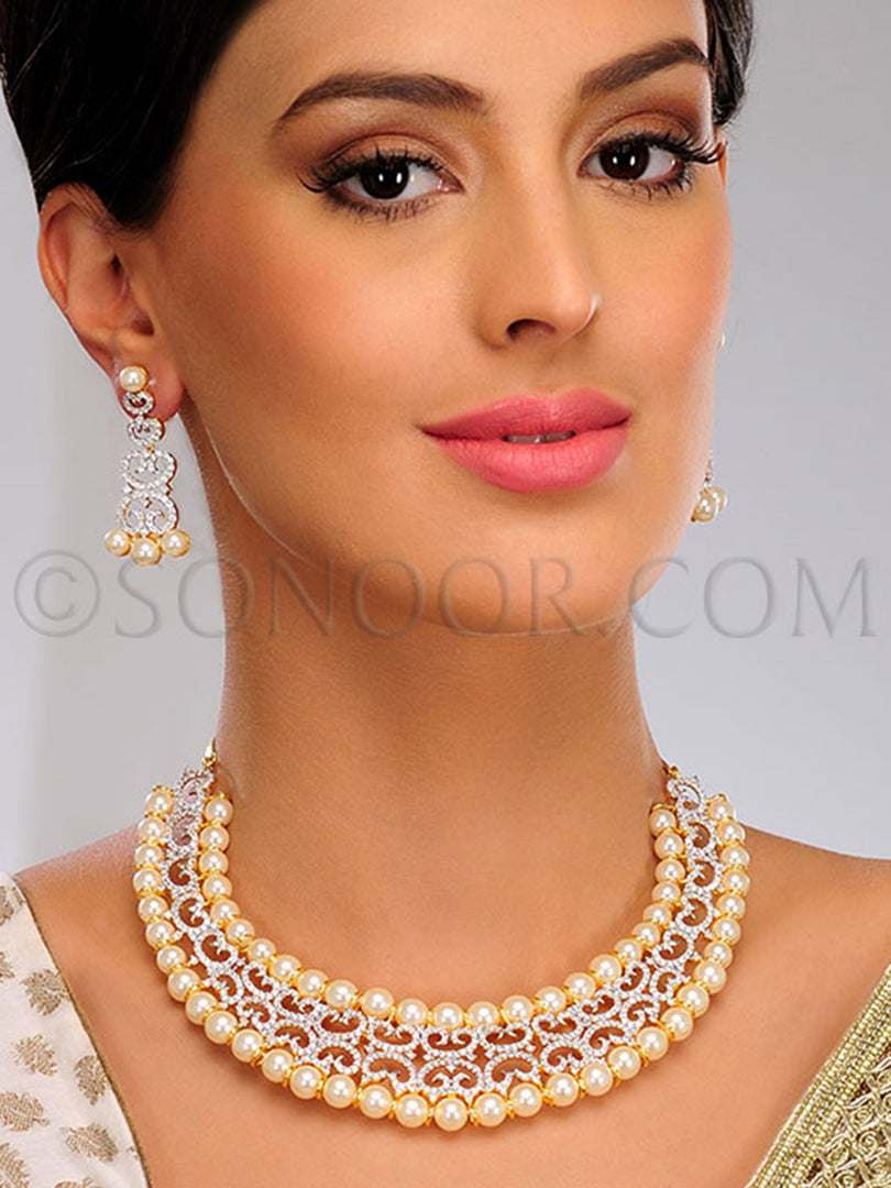 Kuhu cubic zircons and off white pearls Necklace Set