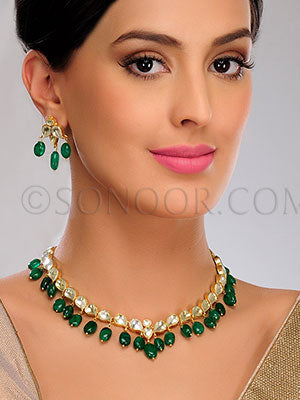 Jaina Gold finish kundan and green agate Necklace Set