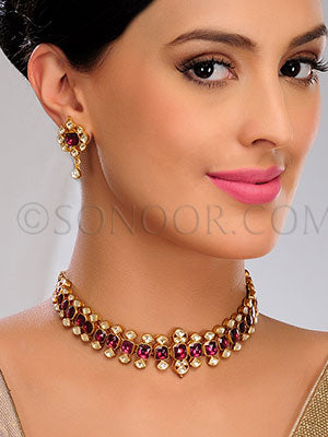 Zeenat Kundan and rhodonite Necklace Set