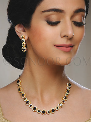 Nuhin dull gold finish black onyx and cubic zircons Necklace Set
