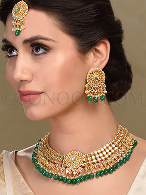 Suchaya Kundan and hanging green onyx Necklace Set