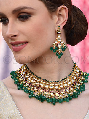 Charun kundan meena kari and green jade Necklace Set